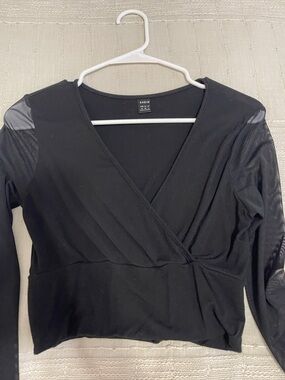 SHEIN Black Wrap Crop Top with Sheer Long Sleeves